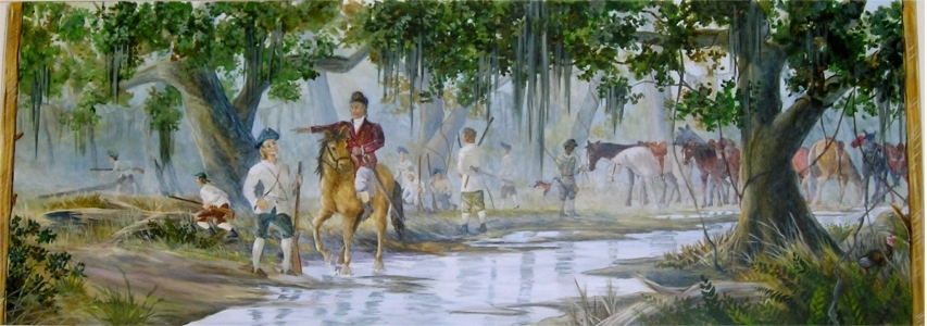 Francis Marion and Oscar at the Battle of Wyboo Swamp Mural, in Manning