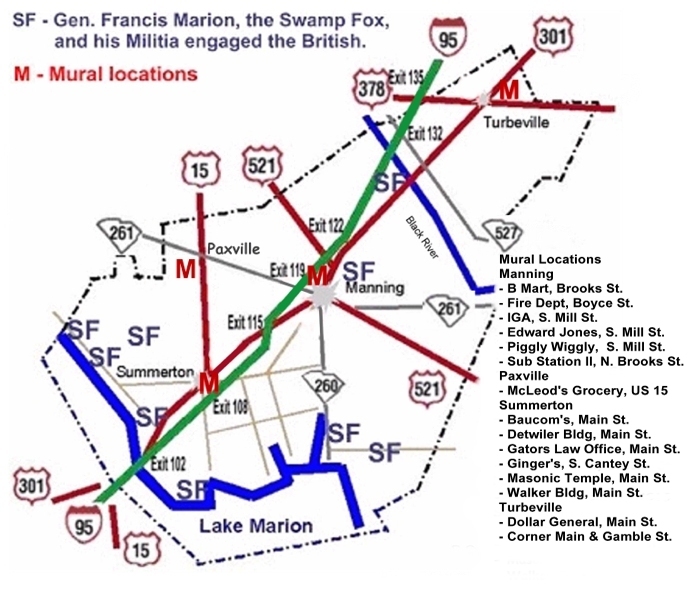 Francis Marion's Rev. Encounters & Swamp Fox Murals in Clarendon County, SC.