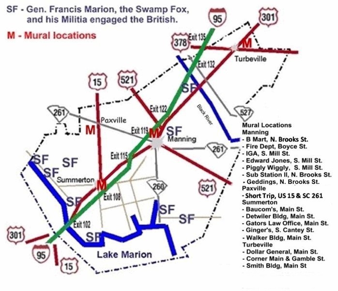 Francis Marion, Swamp Fox Murals are marked in red in 4 towns in Clarendon County, SC