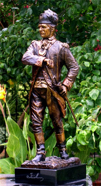 Francis Marion, the Swamp Fox, Bronze statue,is the best likeness ever made stands in Edward Jones Office at Courthouse Square, Manning