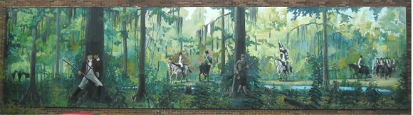 Gen. Marion enticing Tarleton into Ox Swamp, 1780, Mural in Manning